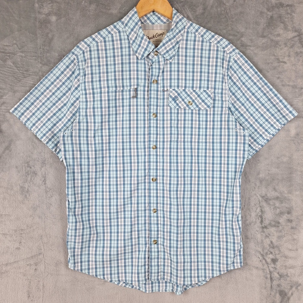 Duck Camp Shirt Mens Large Blue Western Plaid Fishing Hunting Outdoors Vented